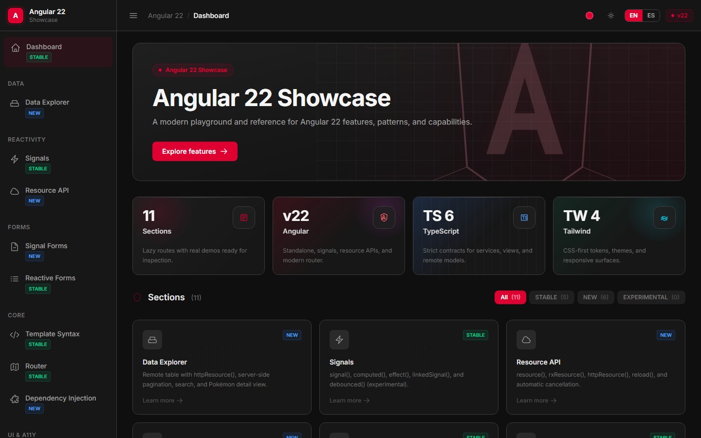 Vista previa de la aplicación Angular 22 Feature Showcase